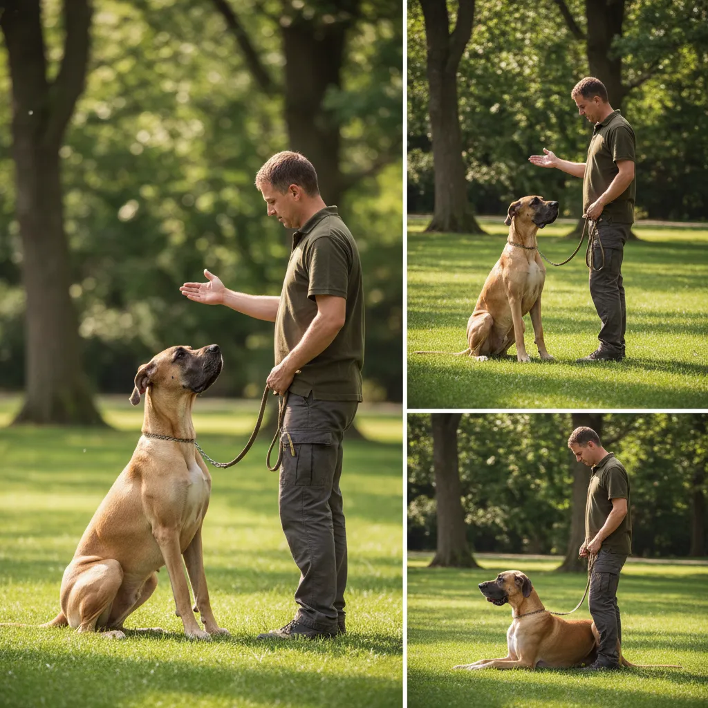 Maître avec laisse tenant un dogue allemand en position d'assis, chien regardant attentivement le propriétaire, démontrant concentration et discipline, parc verdoyant