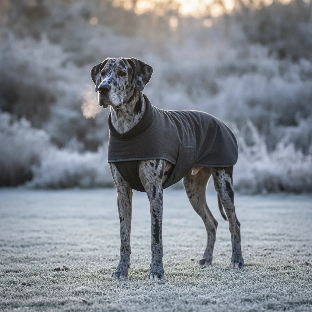 Illustration : Le dogue allemand en hiver : froid, sol gelé, articulations